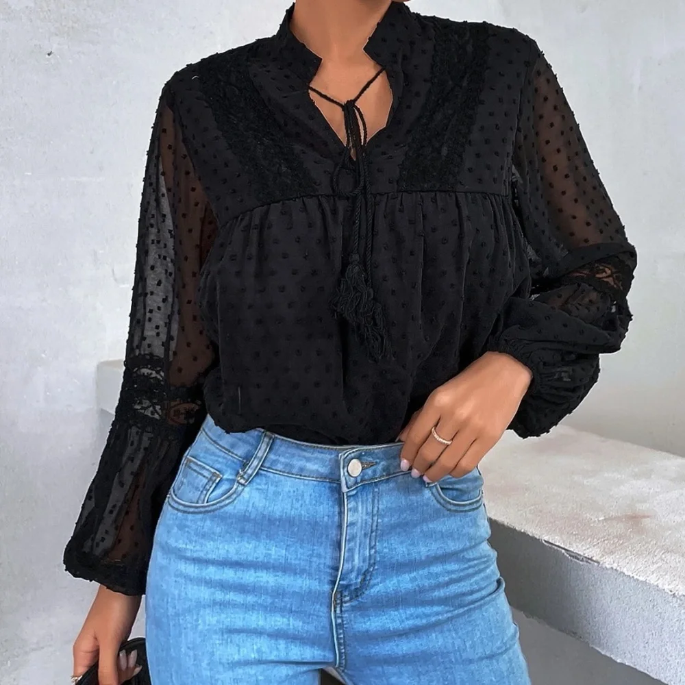 Swiss Dot V neck Tassel Tie Semi Sheer Long sleeve Top